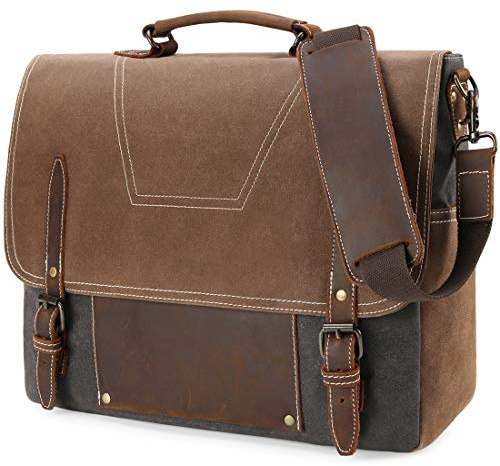 NEWHEY Messenger väska herr laptop väska vintage läder kanvas, axelväska, herr, vattentät affärsväska för arbete och skola, 15,6 brun