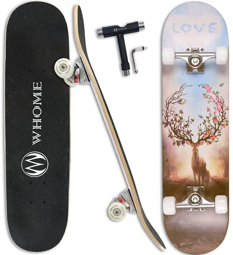 WHOME Pro Skateboards Komplett für Erwachsene/Kinder Mädchen/Jungen Anfänger/Profi - 31 x 8 Zoll Standard 8-Fach Alpine Ahorn Deck ABEC-9 inkl. T-Tool (Deer)