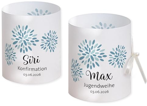 Tischdeko floral türkis mint personalisierbar 8 x Lichthülle Kommunion Jugendweihe Geburtstag