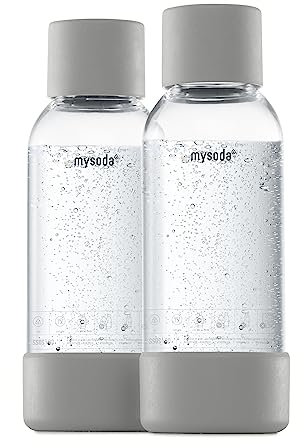 Mysoda: Wiederverwendbare Plastik Wasserflasche (BPA-frei) Wassersprudler mit Quick-Lock, Deckel und Boden aus Holzkomposit, 2 x 0,5 L - Grau