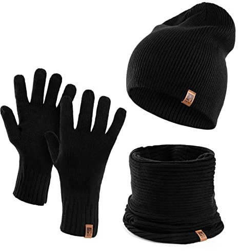 HEYO Herren Wintermütze Schlauchschal Handschuhe 3er Set | Warme Winter Mütze Schal Winterhandschuhe Schwarz HZ0006 (Schwarz)
