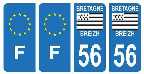 HADEXIA Nummernschild-Aufkleber, französisches Departement 56, Morbihan, Region Bretagne, Breizh, Symbol & F Frankreich, 4 Stück