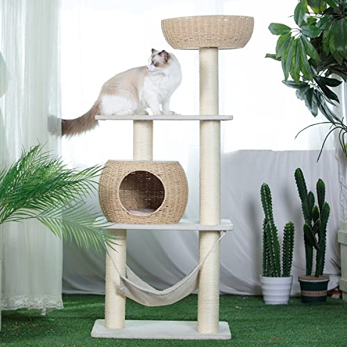 PawLaBay - Árbol de madera para gatos interior con poste rascador, moderno condominio para gatos de madera en 52 pulgadas, torre de gato para escalar, casa del árbol con hamaca