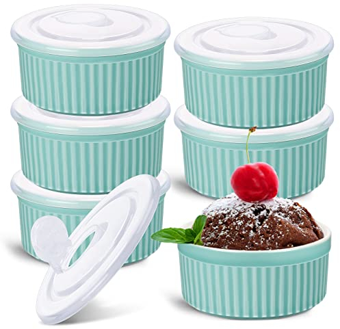 6 juegos de ramequines de porcelana con tapas, 8 onzas, aptos para horno, para crema, brulee, soufflé, con cubiertas, para horno, cuenco de cerámica apilable con tapa, platos para hornear (azul)