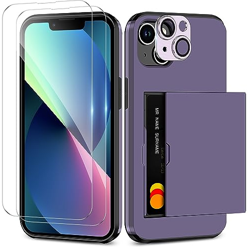 Coolden for iPhone 13 Case with Card Holder & 2 Screen Protector + 1 Camera Protector 4-in-1 Full Body Heavy Duty Protective Case Armor Shockproof Wallet Case Cover for iPhone 13 Phone Case-Purple