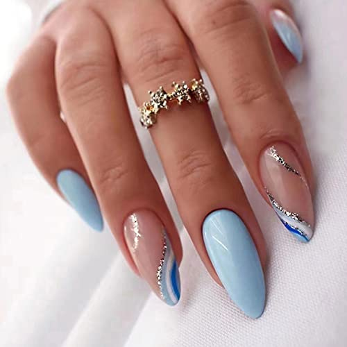 24 Stück Press on Nails Mandel Mittel, Französisches Kunstnägel Nägel Zum Aufkleben Full Cover Falsche Nägel mit Blaue Wellen Design, Acryl Künstliche Nägel für Frauen und Mädchen