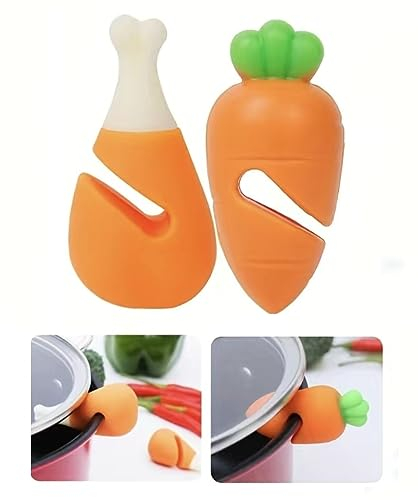 WOO MANTO 2 elevadores de tapa de silicona, soporte para tapa, tope de desbordamiento, protección contra derrames, protección contra salpicaduras (1 zanahoria y 1 forma de papa)