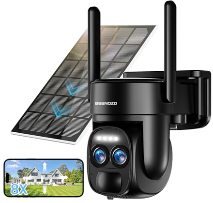 BEENOZO [8X Zoom Hybride] 4K Camera Surveillance WiFi Exterieure/Interieure sans Fil avec Double Objectif 360° PTZ,avec Panneau Solaire,Détection Humaine AI,Nocturne Couleur,Audio Bidirectionnel