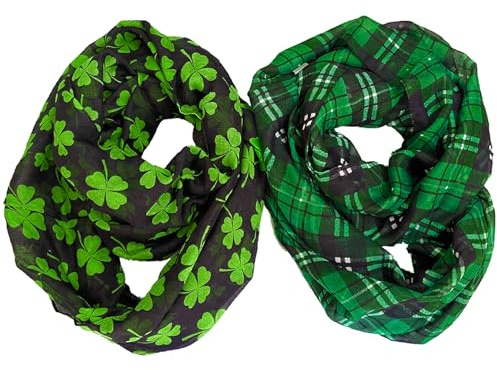 Texupday St.Patrick's Day Clover Shamrock Buffalo Check Plaid Print Infinity Scarves For Holiday 2 Pieces