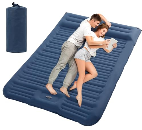 HAUSPROFI Matelas de camping auto-gonflant pour 2 personnes, ultra léger et imperméable, avec pompe à pied et oreiller pour l'extérieur, bleu foncé