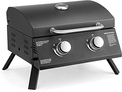 Tragbarer Gasgrill, kleiner faltbarer Tisch-Propangrill mit Fettauffangschale, Thermometer, 20.000 BTU / 243 Quadratzoll Kochfläche, 2-Flammen-Gasgrill für Outdoor-Camping, Tailgat