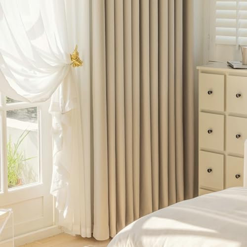 Ayoiow Blickdichte Gardinen Schlafzimmer, Verdunklungsvorhänge Mit Ösen, Chenille Vorhang Wohnzimmer 2Er Set Kräuselband, Creme, 102X160CM