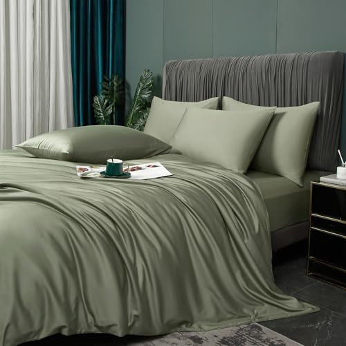 Luofanfei Bambus Bettwäsche 135x200 cm Salbeigrün Grün Sommer Kühlende Uni Bambusfasern Lyocell Glänzend Bettwäsche Set Atmungsaktiv Bamboo Zweiteilig Bettbezug 135 200 Einzelbett mit Reissverschluss