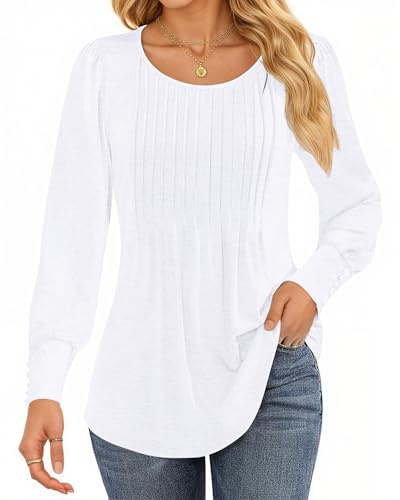 WNEEDU Camicetta da Donna con Manica Lunga a Sbuffo Tunica Elegante a Pieghe con Scollo Rotondo Top T-Shirts