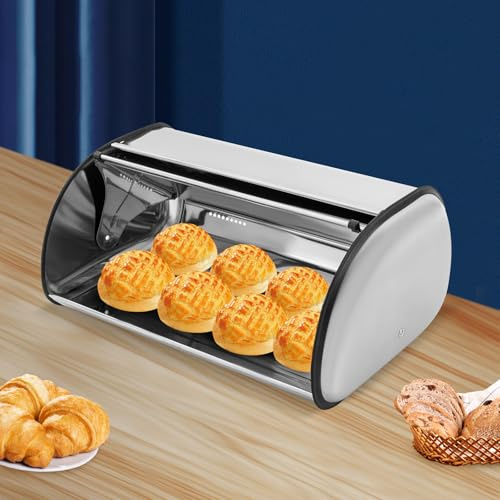 Kozivmo Brotkasten besteht aus poliertem Edelstahl | Brotbox mit frontklappe | Brotbehälter | Brotaufbewahrung | Rollbrotkasten | Brotvorratsbehälter,Brotaufbewahrungsbehälters