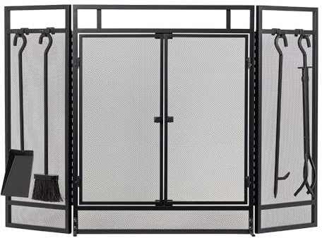 Kern River Mesh Trifold Fireplace Screen with 4 Piece Tool Set in Black | Functional Doors | Heavy-Duty Steel Frame with Powder-Coated Finish | Heat & Corrosion Resistant | Fits Standard Fireplaces