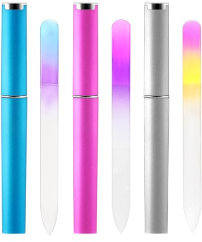 PEOVLVN 3 Pack Glass Nail Files for Natural Nails, Glass Nail File with Case Crystal Nail File Professional Manicure Tool Nail Care Fingernail Files for Women Christmas Stocking Stuffers (Color B)