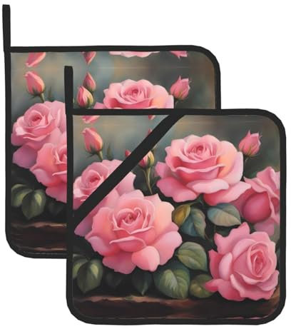 WHJYYXDE Set di 2 presine da cucina, 20,3 x 20,3 cm, isolamento termico durevole, tessuto impermeabile, motivo rose rosa