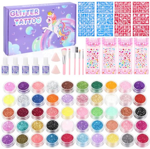 Ixydor Glitzer Tattoo Set kinder, Temporäre Tattoo Kit, 50 Farben Glitzerpulver, 139 Schablonen, 4 Glitzeraufkleber, 5 Kleber, 5 Pinsel, 2 Schwammtuch, Geschenk für Geburtstag Party, Geschenk für