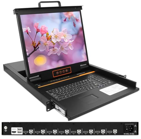 1U Rack Mount KVM Console Built-in 8 Port HDMI KVM Switch, 19 Rackmount Monitor, Keyboard and Touchpad, OSD/Hotkey/Button Switching,1280X1024@60Hz, 5:4 Aspect Ratio, Incl. KVM Cable and Ground Wire