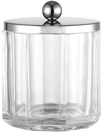 Indecor Home Clear Transparent Apothecary Octagional Shaped Glass Canister Jar With Silver/Chrome Metal Lid Cover for Bathroom Organization, Cotton Balls, Q Tips, and Small Accessories, Bath Storage