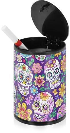 Vintage Sugar Skulls and Flowers Mexican Ashtrays for Cigarettes for Men with Lid Stainless Steel Portable Self Extinguishing Butt Bucket for Home Office Kitchen