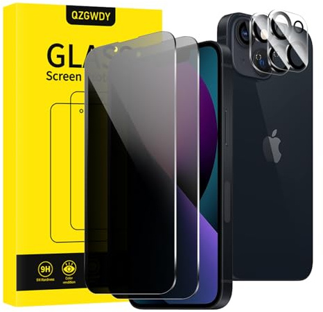QZGWKJ per iPhone 13 ha 2 pellicole protettive per lo schermo e 2 pellicole protettive per obiettivo della fotocamera, vetro temperato 9H anti-spia, copriobiettivo, protezione della privacy