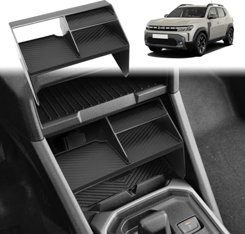 GAFAT Dacia Duster 3 2024 2025 2026 Centre Console Storage Box, Premium Spray Painted Organiser with 3 Compartments & 2.5 mm Silicone Mat, Heat Resistant Anti-Flap Duster III Accessories