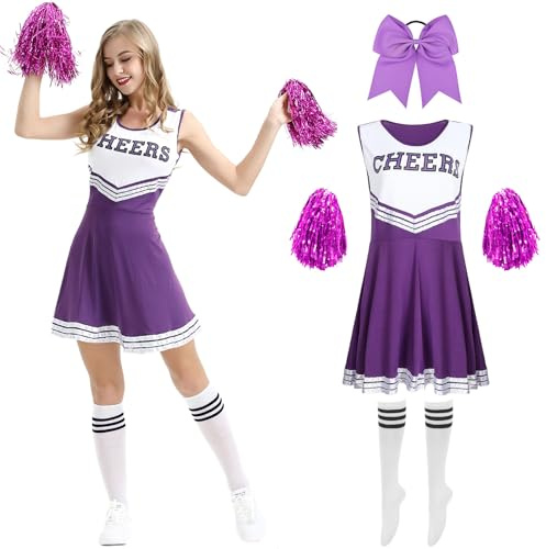 Crittygo Cheerleader Kostüm für Erwachsene, Damen Cheerleadering Outfit mit Pompoms Haargummi Socken, High School Cheerleader Uniform für Karneval Fasching Party Cosplay