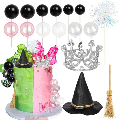 16 Packung Prinzessin Magie Hexe Geburtstag Tortendeko Magische Krone Besen Hexe Hut Magie Stab Cake Topper für Schwarzen Zauberer Geburtstag Halloween Party DIY Kuchen Dekoration Zubehör