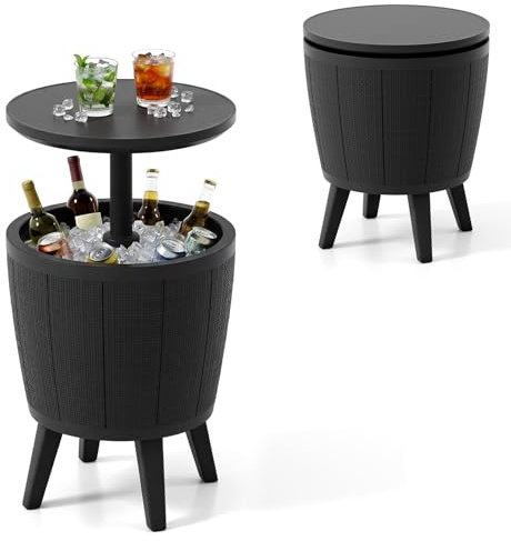 COSTWAY Table Glacière 38L pour Jardin 2 en 1 avec Plateau Relevable, Seau à Glace d'Extérieur avec Bouchon de Vidange pour Cocktails Bière Convient aux Piscines Terrasses, Ø 49 x 59/84 cm (Noir)
