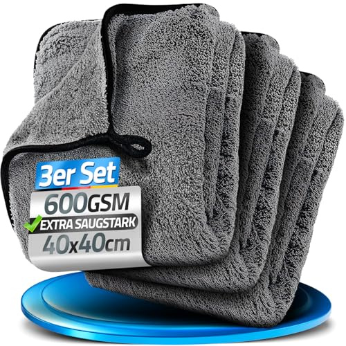 LOCO BIRD Paños de microfibra para coche, 600 g/m², juego de 3 paños de microfibra extremadamente absorbentes, paños de microfibra para el cuidado del coche, paños de secado en seco de 40 x 40 cm
