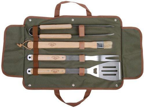Esschert Design Grillbesteck in der Tasche, 4-teilig bestehen aus: Grillgabel, Grillzange, Wender, Pinsel