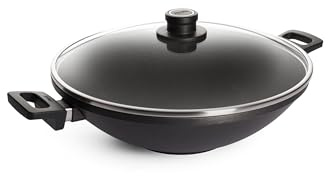 Woll Nowo Titanium Wok- und Rührpfanne mit Glasdeckel in Box, Ø 36 cm, 11 cm hoch, mit 2 Seitengriffen - Geeignet für Ceran, Gas, Elektro, Halogen - nicht induktionsgeeignet, backofenfest, schwarz
