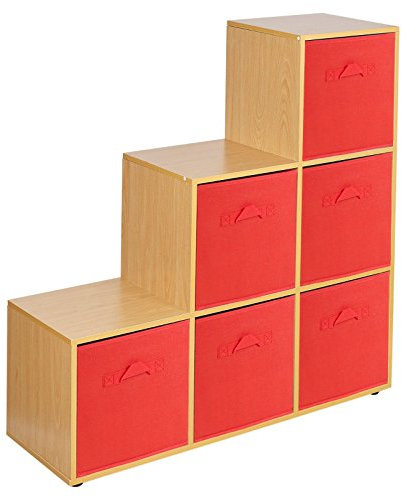 URBNLIVING Estantería de 6 cubos en forma de escalera con 6 cajones, Red Drawers, Beech 6 Cubes