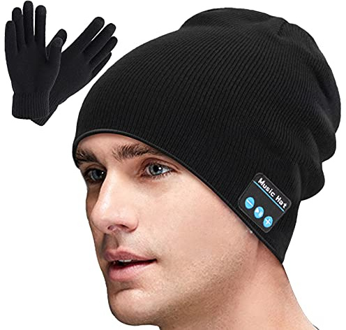 Sminiker Bluetooth-Mütze, V5.0, Bluetooth-Mütze, Strickmütze, Freisprech-Kopfhörer, waschbar, Unisex, Geschenk für Mädchen, Jungen, Damen, Herren, Schwarz, M/L