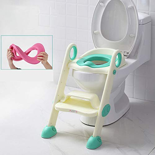 KUANDARYJ Ergnomischer Töpfchentrainer Kinder-Töpfchen Trainer Sitz für Kinder Toiletten Training mit Leiter Treppe, rutschfest stabil klappbar und höhenverstellbar, Green