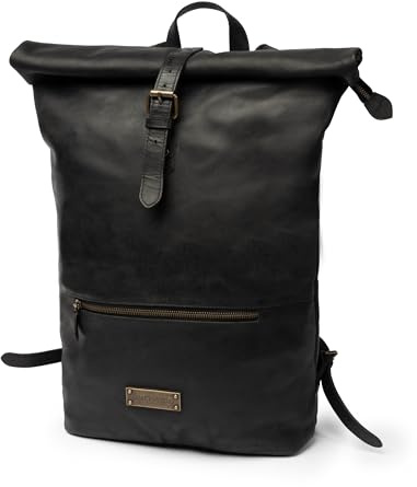 DRAKENSBERG Leder Roll-Top Rucksack 'Ryan' 16 Laptopfach, Damen, Herren, Vintage-Tagesrucksack, groß, bis 25L - Schwarz, DR00368