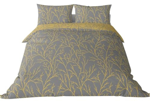 Brielle Mako Satin Bettwäsche Set, Wendebettwäsche - 100% Baumwolle/Fadenzahl 220 - seidig weich, luxuriös, mit Reißverschluss - Gelb-Grau - 3-teilig - Deckenbezug 200x220cm, Kissenbezug 2 * 60x70 m