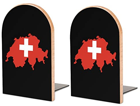 Flaggenkarte der Schweiz Buchstützen aus Holz unterstützen rutschfeste, strapazierfähige Regale, Bücherständer für Büro, Küche, Bibliothek