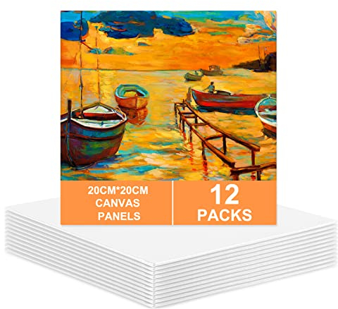 Koncci Lienzo para pintar 20 x 20 cm, 12 paquetes de lienzos pequeños para pintar algodón sin ácidos para pintura acrílica y al óleo y medios artísticos en agua húmeda, pintores aficionados y