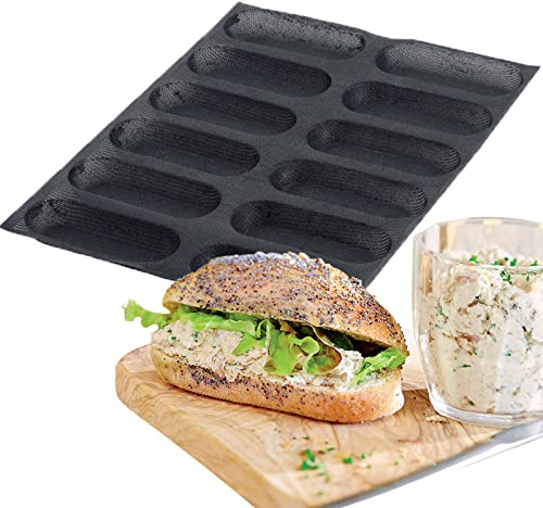 FETESUR Molde de silicona perforado para hornear, 12 formas individuales oblongas para hornear, molde de panecillo de perro caliente, moldes de silicona para hacer panecillos crujientes, eclairs y