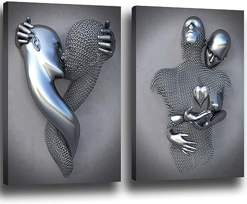 3D Lovers Sculpture Poster Metal Figure Statue Art Canvas Painting Romantic Abstract Poster and Prints Modern Living Room Home Decor - Without Frame (2pcs-30x40cm, Figure-3)