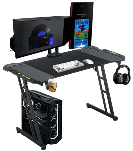 UISEBRT Spelbord med LED – 120 x 60 x 74 cm spelskrivbord LED-datorbord med kolfiberyta ergonomiskt spelbord upp till 150 kg för sovrum kontor