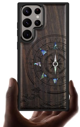 Carveit Designer Wooden Case for Samsung Galaxy S24 Ultra Case [Wood Engraving & Shell Inlay] Compatible with Wireless Chargers S24 Ultra Case (Wave Compass-Blackwood)