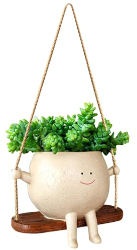 RuiDay Smiley Pots De Fleurs À Suspendre,Pot de Fleur Suspendu avec Visage Sourire Et Balançoire,Résine Pot Plante Interieur，Décoration Murale pour Intérieur, Balcon et Jardin