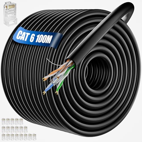 ikbc Outdoor Ethernet Cable 100m, Bulk Long Internet Cable 100m Cat 6 23AWG | High Speed Network Cable 1000Mbps 250MHz, Weatherproof Installation LAN Cable CCA UTP Gigabit Black, for Router Switch Modem