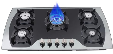 Placa de cocción de gas con 5 fuegos, mesa de cocción de gas con botón giratorio, mesa de cocción de gas empotrable, apta para cocina restaurante, encendido automático de la batería