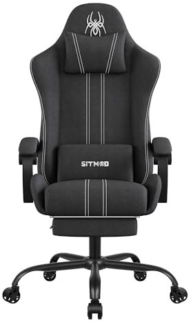 Gaming Stuhl Stoff mit Fußstütze Kopfstütze, Ergonomischer Bürostuhl Gaming Sessel, Federsitzkissen, Groß und Hoch 360° Drehbarer Höhenverstellbarer Schreibtischstuhl, Grau