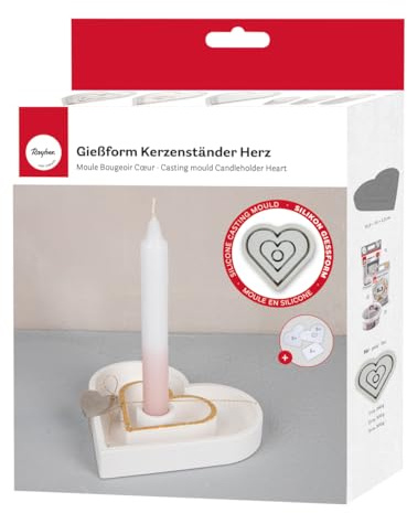 Rayher Silikon Gießform Kerzenständer Herz, 15,9 x 15 cm, Höhe 2,5 cm, inklusiv 3x5 Schablonen, zum Ausgießen mit Kreativ-Beton, Raysin-Gießpulver, 36166000, grau